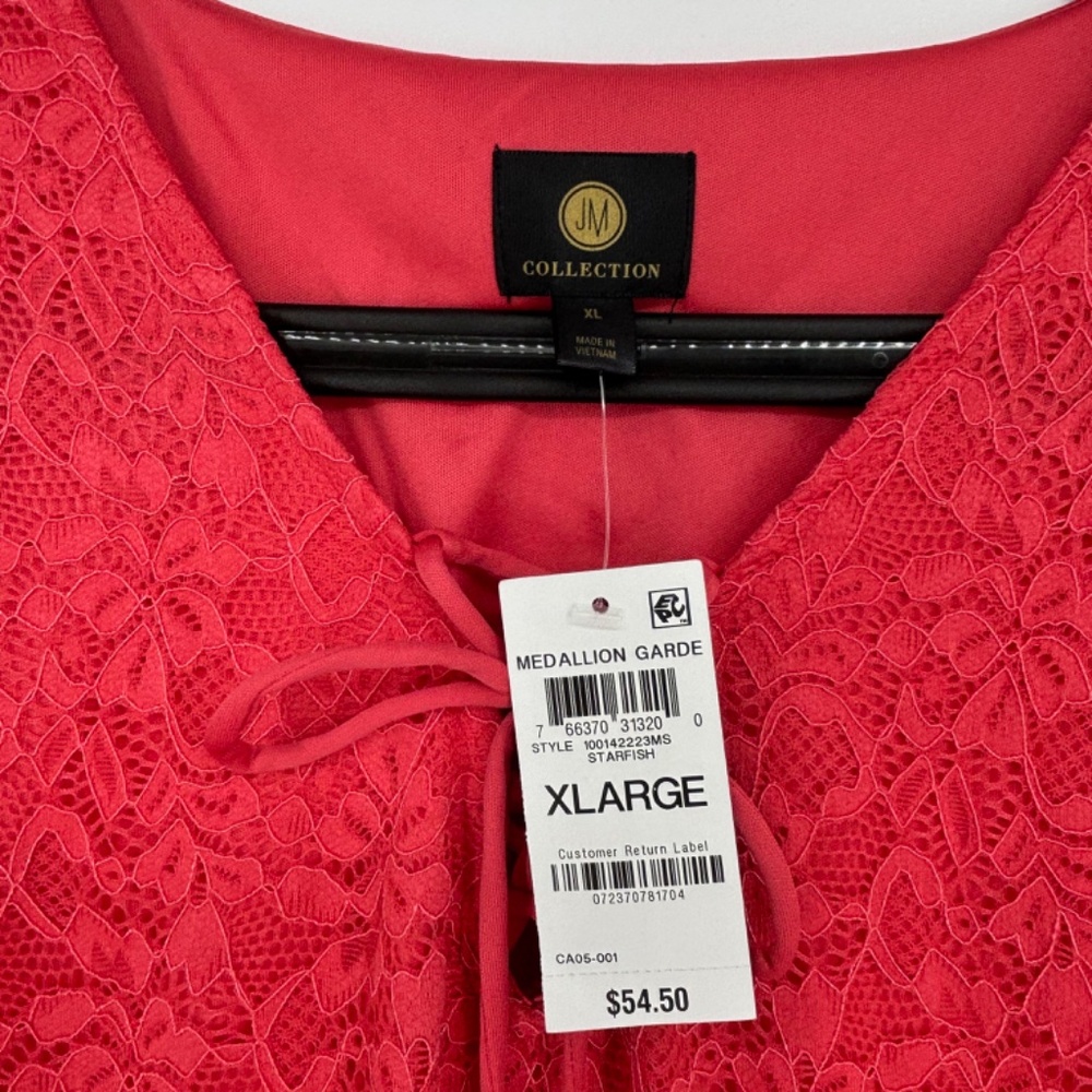 JM Collection Womens XL Lace-Up Tunic Top Starfish Coral Floral Lace 3/4 Sleeves - Picture 6 of 10